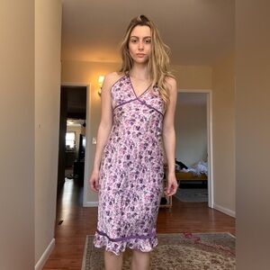 90s 100% silk Floral Halter Dress in Lavender and Purple